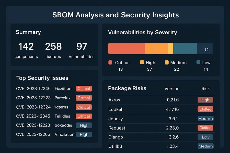 Dashboard showing SBOM analysis and security insights Dashboard showing SBOM analysis and security insights